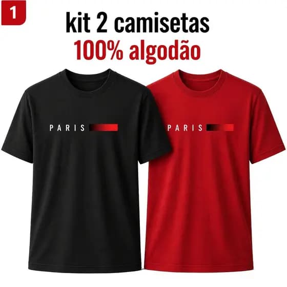 Kit 2 Camisetas Premium Masculinas Paris 100%Algodão.