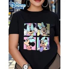 Camiseta Feminina Casual E Estilosa De Algodão Com Estampa De Quatro Painéis Do Mickey E Da Minnie Mouse Da Disney