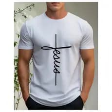 Camiseta Branca Masculina de Cruz e Jesus Estampada Estilo Moderno Slim Fit Básica