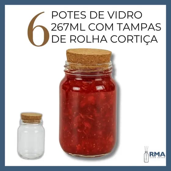 Kit 6 Potes de Vidro 267ml com Tampa Rolha de Cortiça | Conserva, Alimentos, Doces e Artesanato