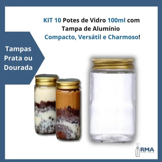 Kit 10 Potes de Vidro Comprido 100ml com Tampa Prata ou Dourada – Bolo de Pote, Sobremesa, Lembrancinha, Festa