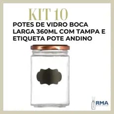 Kit 10 Potes de Vidro 360ml Boca Larga com Tampa e Etiqueta | Pote Andino para Conservas, Doces e Armazenamento