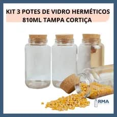Kit 3 Potes de Vidro Herméticos 810ml Tampa Cortiça Cozinha Organizadora Mantimentos Condimentos Temperos