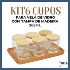 Kit 6 Copos de Vidro 265ML c/ Tampa de Madeira – Velas artesanais aromáticas Doces e Sobremesas