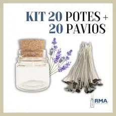 Kit 20 Potes de Vidro c/ Rolha + 20 Pavios Algodão Parafinado 10cm p/ Vela Aromática, Decorativa e Artesanal