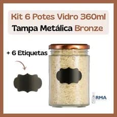 Kit 6 Potes Vidro 360ml Tampa Metálica + Etiquetas - Geleia Conserva, mantimentos, doces, nozes, café, arroz, açucar