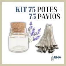 Kit 75 Potes de Vidro c/ Rolha + 75 Pavios Algodão Parafinado 10cm p/ Vela Aromática, Decorativa e Artesanal