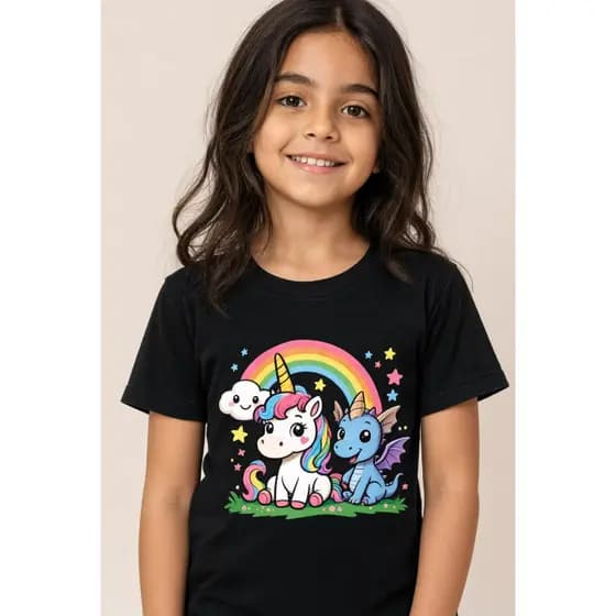 Camiseta preta unicornio meninas dia das crianças