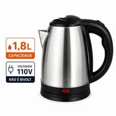 Chaleira Elétrica Inox 1,8L 110V com Base Giratória 360° e Desligamento Automático