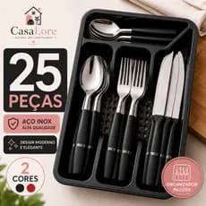 Jogo De Talheres 25 Peças Aço Inox Com Organizador Porta Talheres Cozinha Completo