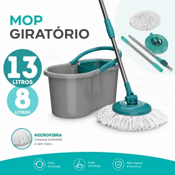 Mop 13 Litros Giratório Fit Grande Com Cabo Inox
