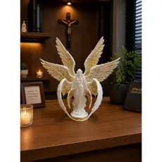 Estátua Anjo Serafim Luxo Decoração Religiosa Branco e Dourado 3D