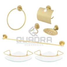 Kit Acessorios para Banheiro 5 Peças Dourado + 2 Porta Shampoo Canto
