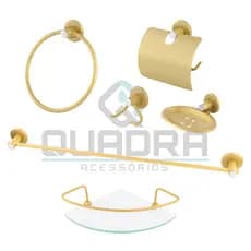 Kit Acessorios para Banheiro 5 peças Dourado + 1 Porta Shampoo Canto