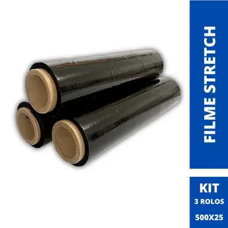 Kit 03 Bobinas Filme Stretch 50 X 300 Metros Preto Virgem 3KG Palete Ecommerce