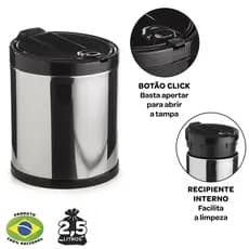 Lixeira de Pia Cesto de Lixo 2,5 litros Inox Click Cozinha Preta com Tampa Viel