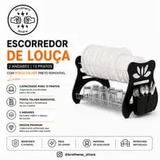 Escorredor de Louça 2 Andares 13 Pratos com Porta-Talher Preto Removível Luxo