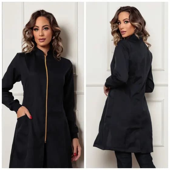 Jaleco Feminino Preto Gola Padre Acinturado com Zíper Nice Gardenia Jalecos