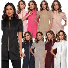 Jaleco Feminino Manga Curta Bufante  Zíper Mara Várias Cores + Turbante  Gardenia Jalecos