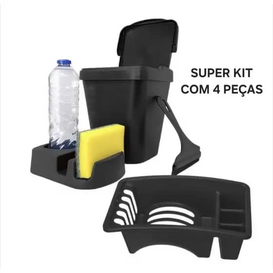 Conjunto Cozinha Organizada Lixeira 4,8 Litros Rodinho Escorredor e Porta Detergente 2 4 Peças