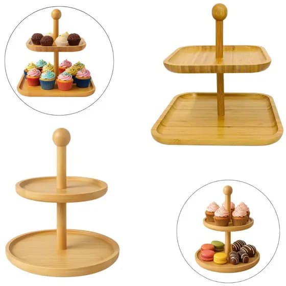 Suporte Porta Doces Petisqueira 2 Andares Bambu Organizador Bandeja Torre Prateleira Petisco Cupcake