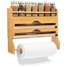 Suporte Organizador Porta Rolo Duplo Bambu Papel Toalha Aluminio Tempero Filme PVC Plastico Cortador