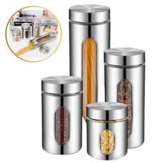 Jogo Potes Inox Vidro Mantimentos Condimentos Visor Cozinha Conserva Cereais Organização Temperos