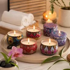 Kit Vela Aromatica Mandala Lata Grande Aroma Essencia Decorativa Presente Spa Hotel Sala Latinha