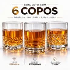 Jogo 6 Copos Whisky 340ml Drinks Bebidas Bar Transparente Cristal Vidro Baixo Uisque Resistente Luxo