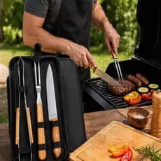 Kit Churrasco 3 Peças em Aço Inox com Estojo Ideal Para Casa, Viagem, Camping Churrasco ao Ar Livre