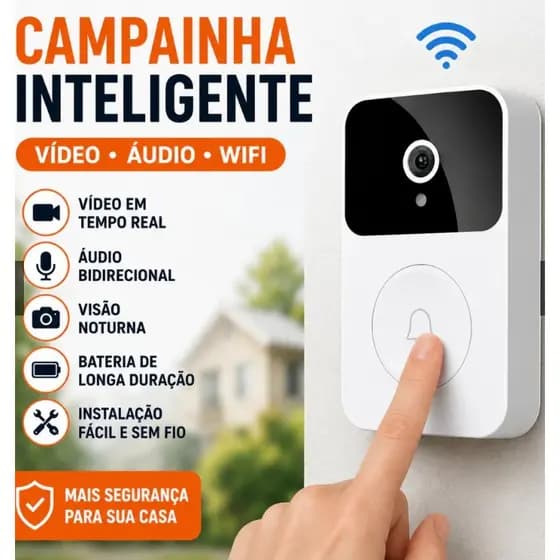 Campainha Inteligente WiFi com Câmera HD Vídeo Porteiro Sem Fio Áudio Bidirecional Visão Noturna