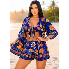 Conjunto Kimono Feminino 3 Peças Short Top Estampado Moda Praia Piscina Verão