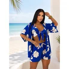 Conjunto Kimono Feminino 3 Peças Short Top Viscolinho com Bojo Casual Elegante Moda Feminina