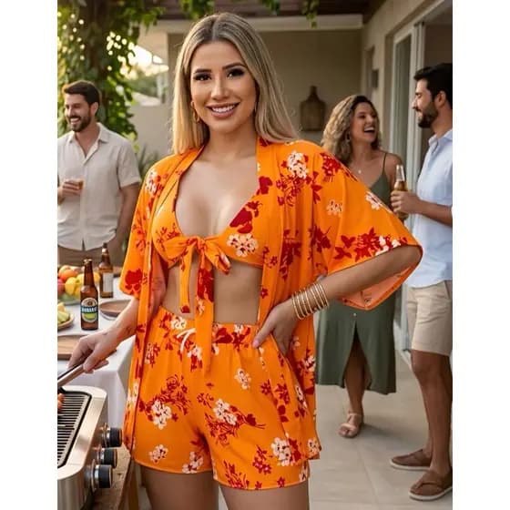 Conjunto Kimono Gringa Feminino Short Top com Bojo Viscolinho Crepinho Balada Verão