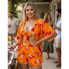 Conjunto Kimono Gringa Feminino Short Top com Bojo Viscolinho Crepinho Balada Verão