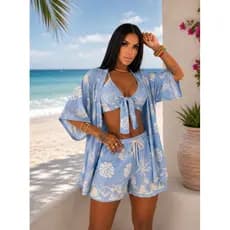 Conjunto Kimono Floral Feminino Cropped com Bojo Viscolinho Crepinho Praia Elegante