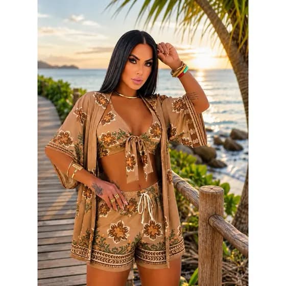 Conjunto Kimono Feminino Short Top com Bojo Viscolinho Praia Casual Chique Blogueira