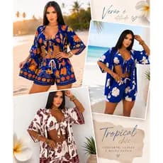 Conjunto Kimono Feminino 3 Peças Short Top com Bojo Viscolinho Casual Elegante Verão