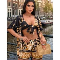 Conjunto Kimono Feminino 3 Peças Short Top com Bojo Viscolinho Moda Praia Verão