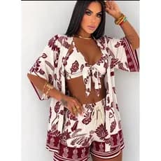 Conjunto Kimono Moda Grécia 3 Peças Short Top com Bojo Viscolinho Praia Sunset Elegante
