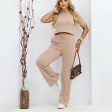 Conjunto Feminino Blusa Manga Curta Calça Pantalona Wide Leg Casual Elegante