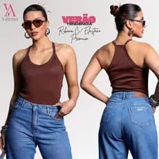 Blusa Feminina Estilosa Regata  canelada Decote V Costas Nadador Alça Fina Tendência Verão