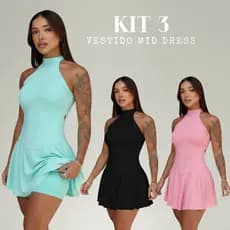 Kit 3 Vestido Mid Dress Feminino Em Tecido Fluity Com Gola Alta E Shorts Interno Justa Saia Godê