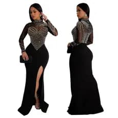 Elegante Vestido De Noite De Manga Comprida De Colarinho Meio Alto Cor Sólida Rhinestone Split plus Tamanho