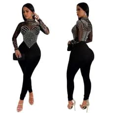 Moda Elegante Mulheres Macacão O-pescoço Cor Pura Malha Strass Long-Sleeved Calças Macacão Tamanhos Grandes