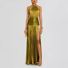 Vestido Longo Metálico Plissado Com Gravata Dividida , Gola Halter , Sem Mangas , Costas Nuas