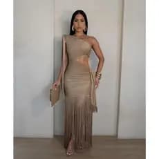 Vestido Ombro Único Brilhante com Franjas Longas Recorte Cintura Festa Luxo