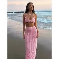 Conjunto De Duas Peças De Biquíni Para Férias Na Praia Com Gravata Floral Saia Longa Cortado À Mão Saída De