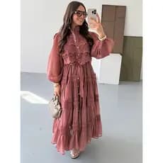Novo Vestido Casual De Retalhos De Malha Oca De Manga Comprida Com Mangas Lanterna Longo De Renda Gola Alta E design De
