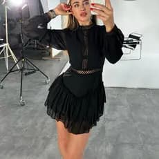 Moda Oca design chiffon Gola Alta Manga Comprida Elegante Vestido De Férias Evasê De Cintura